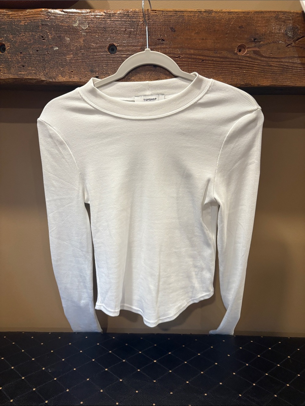 Topshop White Ribbed Long-Sleeve Crew Top
